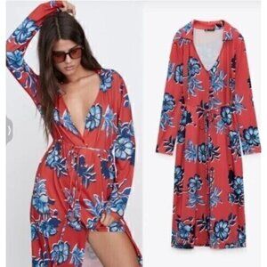 NWT Zara Womens Printed Midi Shirt Dress Red Blue Floral Long Sleeve Sz S